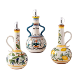 Hand-Painted Ceramic Oil Bottle with Pouring Spout and Decorative Olive, Lemon or Ornamental Motifs