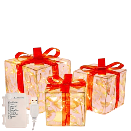 Christmas Gift Box Light Chain with Warm Light - 3 Decorative Gift Boxes with 8 Functions and Timer