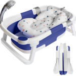 Foldable Bathtub with Legs, Carry Handle and Soft Bath Insert for Baby and Toddlers