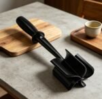 Black meat chopper resting on a stone kitchen table beside a wooden board