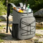 Insulated cooler backpack filled with drinks and ice on rocks by a stream, in grey