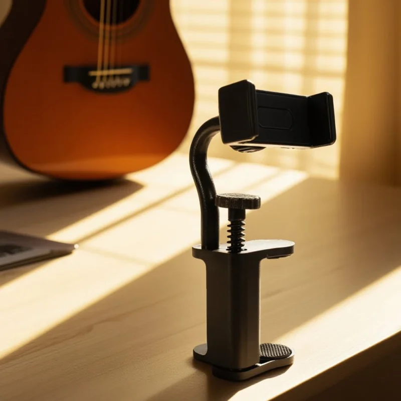 Guitar phone holder clamp standing on a sunlit desk with an acoustic guitar behind