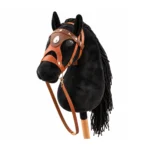 Black stick horse with black mane and tan western bridle with gold studs