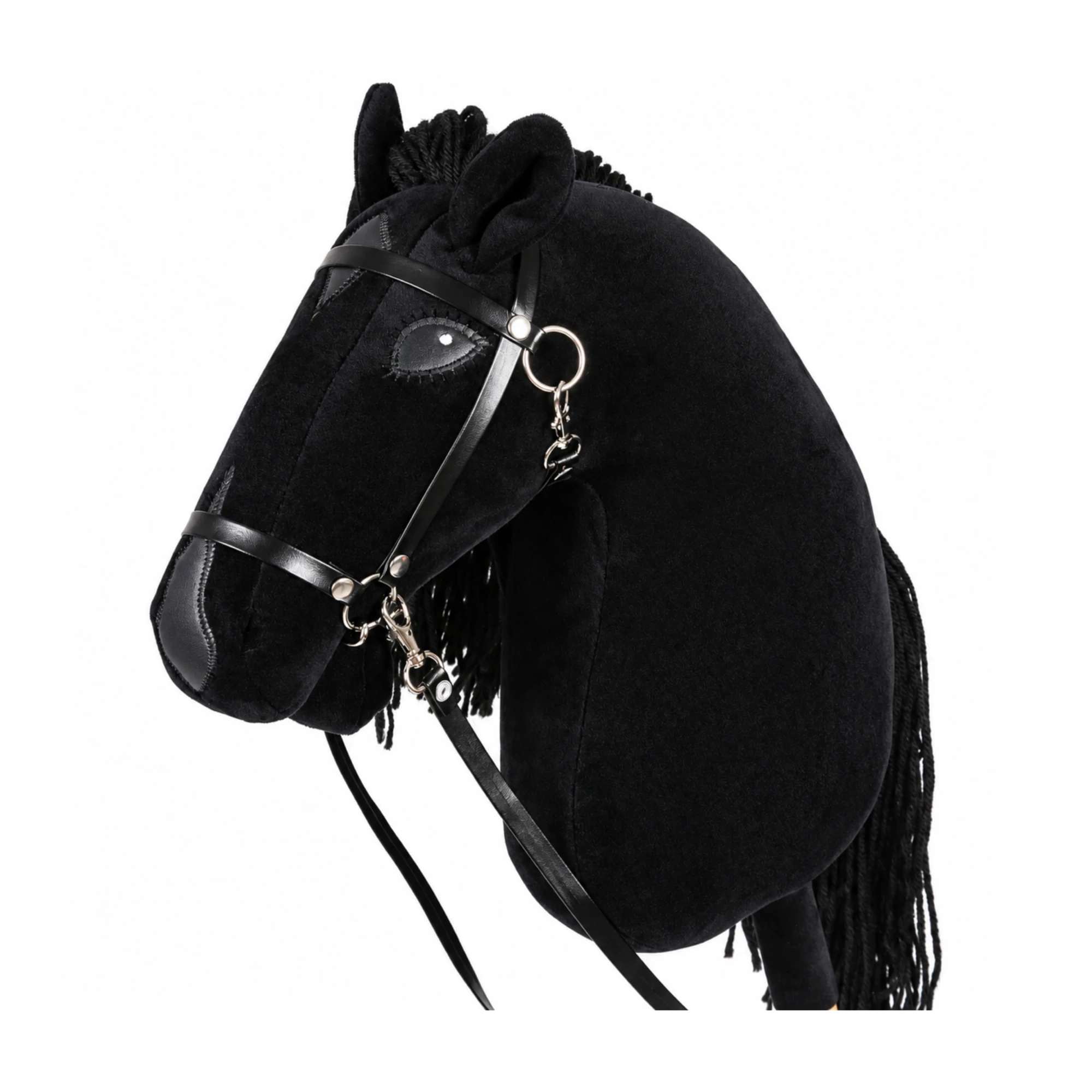 Black velvet stick horse with grey face markings, black mane and black bridle Black velvet stick horse with grey face markings, black mane and black bridle