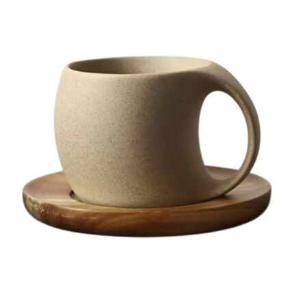 Ceramic Coffee Mug with Saucer in Acacia Wood